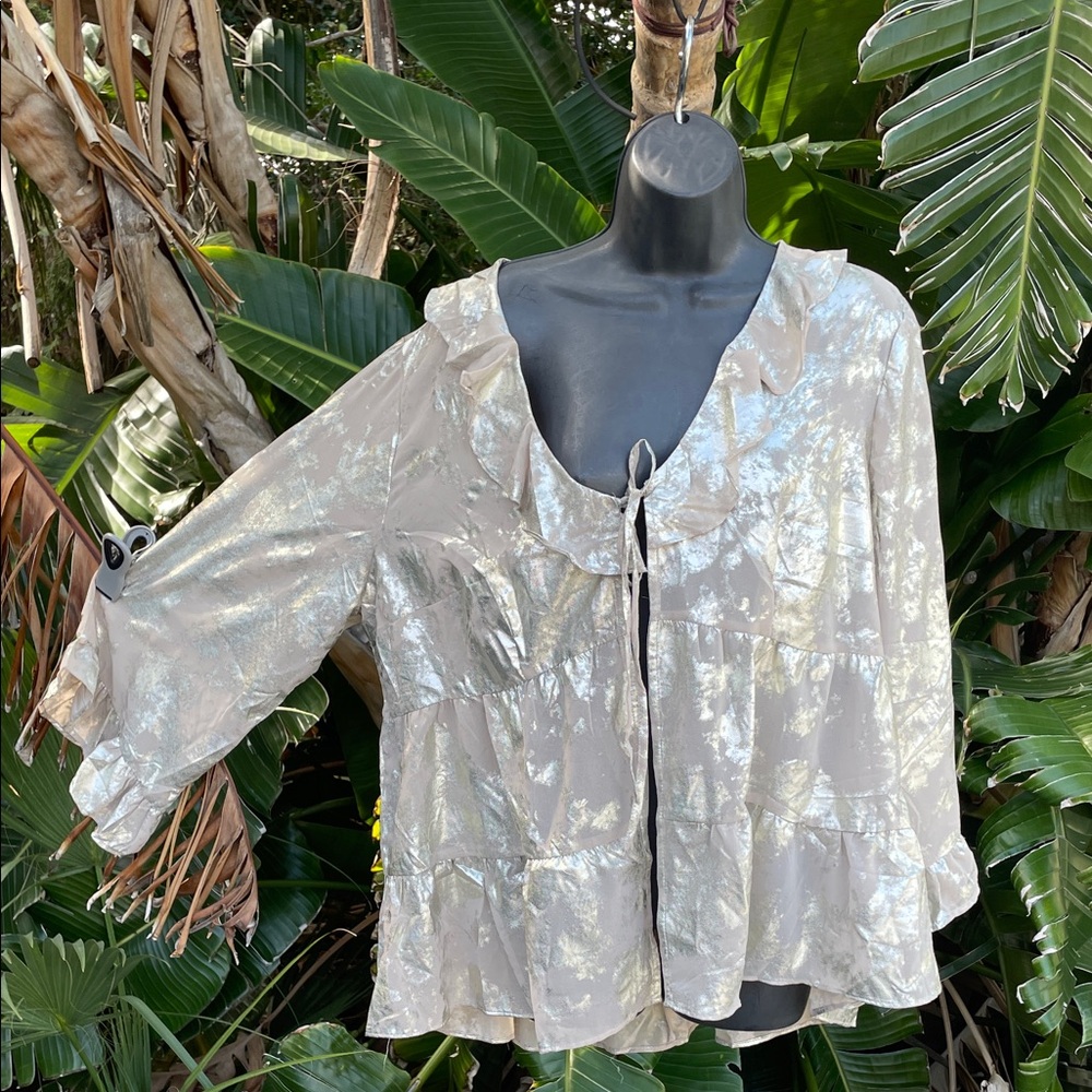 Soft silver ruffled bell sleeve blouse/topper
